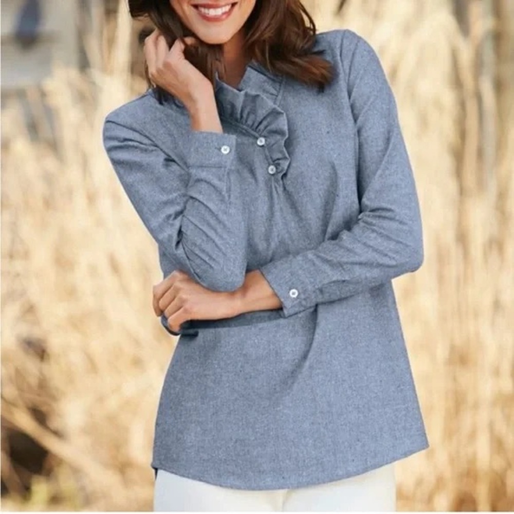 Mud Pie Heathered Blue Ruffle-Neck Long Sleeve Blouse